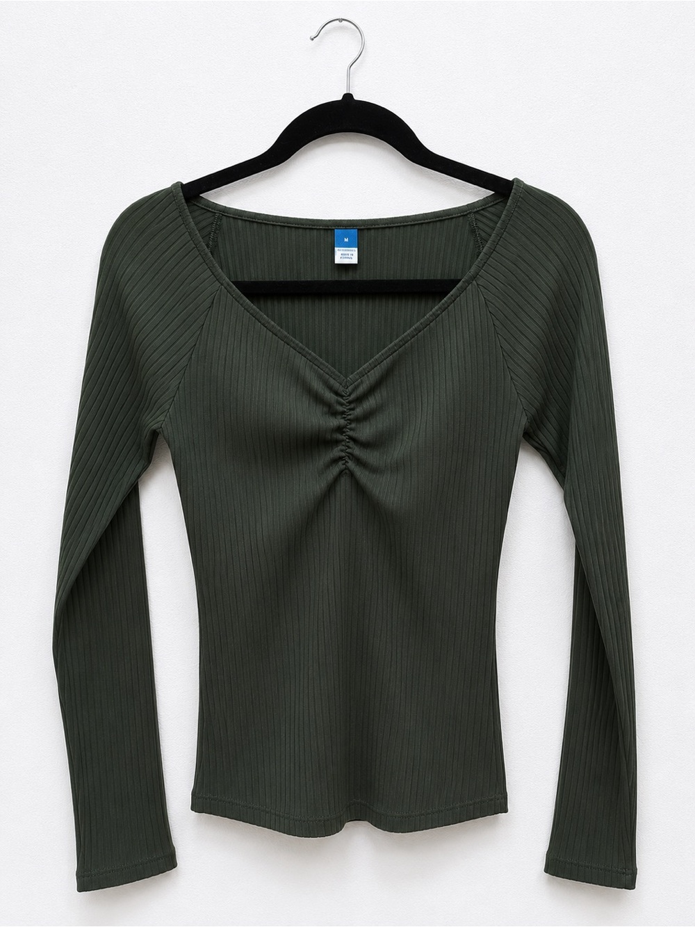 Olive Green Ribbed V-Neck Long Sleeve Top NWOT Small - Picture 3 of 4